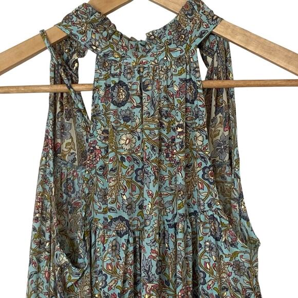 PAANI Halter Tiered Boho Maxi Dress Light Teal Floral Metallic Print, Size Small - Picture 6 of 11